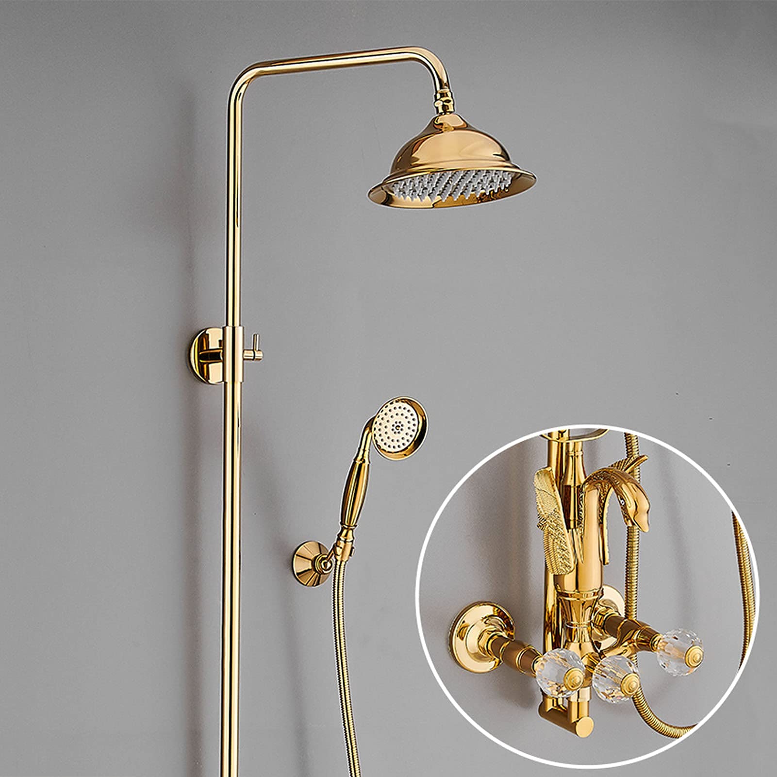 AYCDL Shower System with Tub Spout, 8 Inch Round Rainfall Shower Head with Hand Shower, Dual Handle Shower Faucet Set, Wall Mount Bathtub Mixer Tap,Gold,Black,Gold