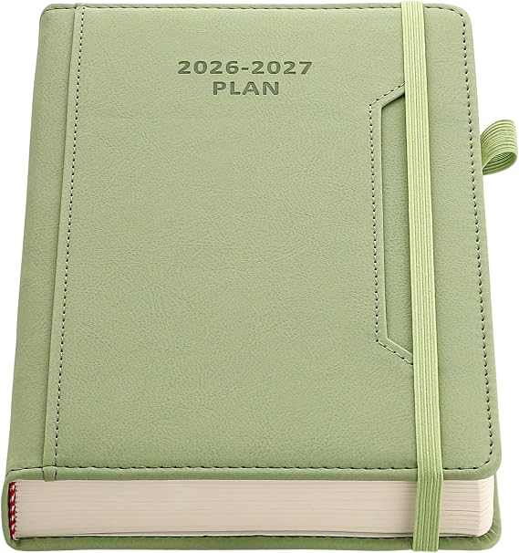 Academic Diary Year 2026-27 A5 Page A Day,Mid Year Academic Planner Jul 2026 to Jun 2027,Hardcover Agenda with Pen Holder, Front Pocket,Colorful Monthly Tab,Elastic Closure (Green)