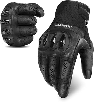 INBIKE Mens Premium Leather Motorcycle Gloves, Hard Knuckle Shell Protection, Breathable Mesh, Leather Gel Palm, Touchscreen Motorbike Riding Gloves for ATV BMX MTB