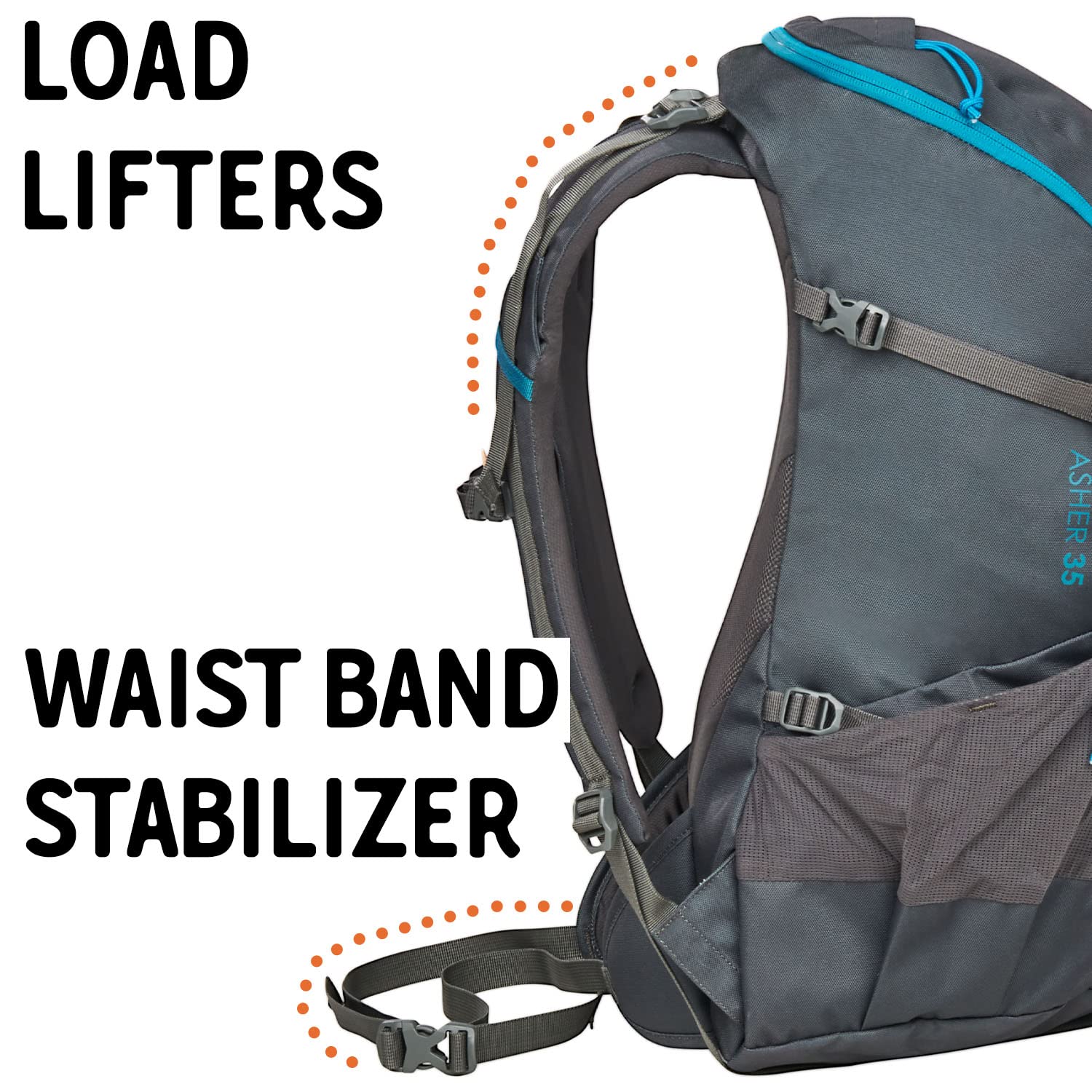 Kelty Asher Day Hiking Pack, 18-85 Liter Capacity, Hiking, Backpacking, Travel Pack, Internal Frame 2023 Model (35L Winter Moss)