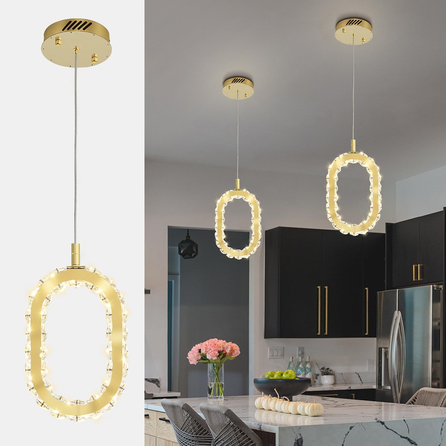 Gold 1 Ring Pendant Lights Kitchen Island Single Head Crystal Chandeliers Foyer Entrance Modern LED Dimmable Chandeliers