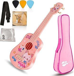 子供用ウクレレ 21インチ 楽器 かわいいウクレレギフト ギグバッグ、ストラップ、ソングブック、ピック付き 子供、大人、初心者向け（猫パターン）