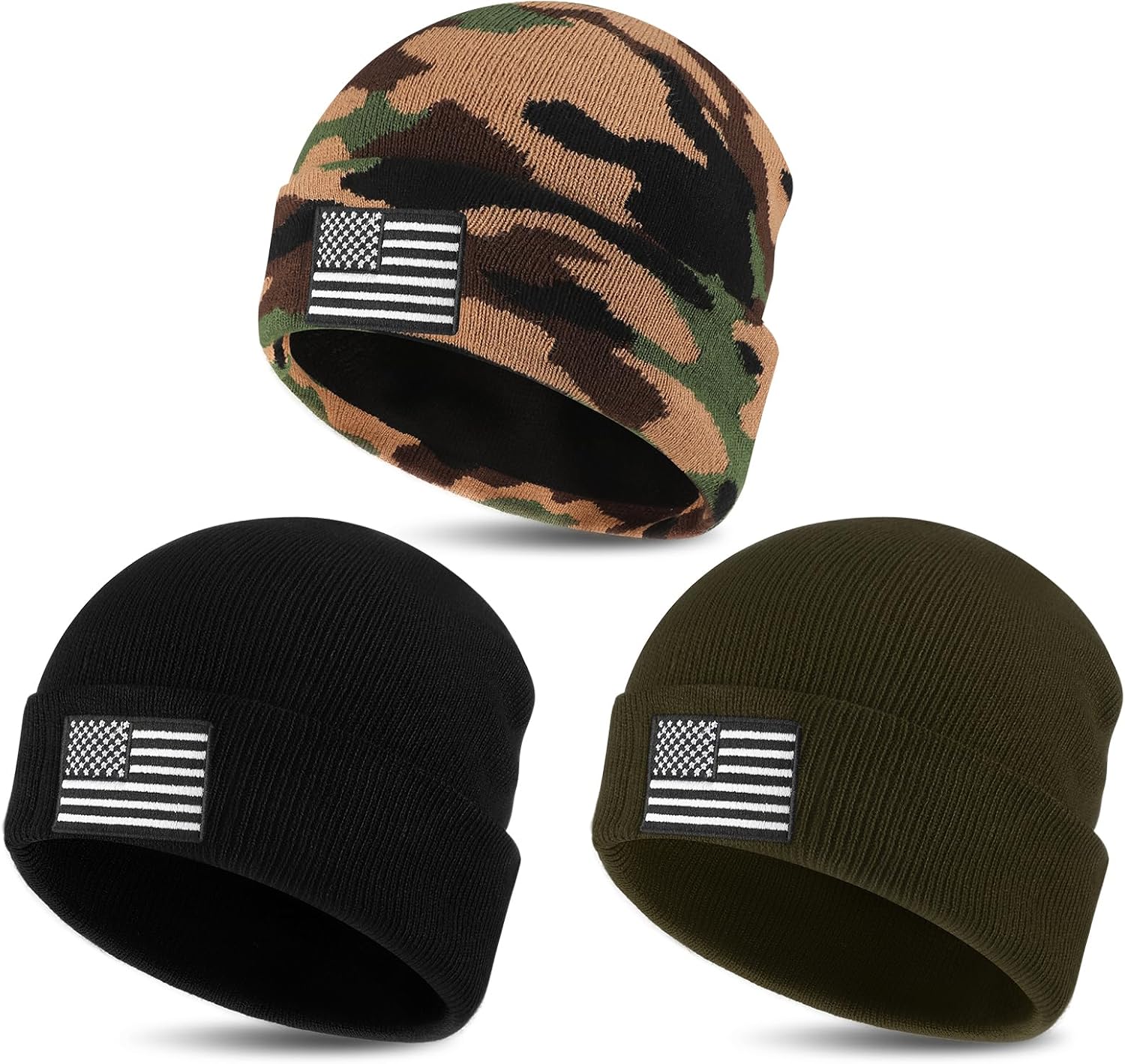 Liitrsh 3 Pcs Knitted Skull Beanie American Flag Military Beanie Hat Tactical Winter Warm hat Flag USA Acrylic Watch Cap for Men Women Hiking Outdoor