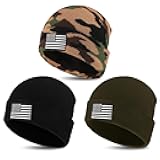3 Pcs Knitted Skull Beanie American Flag Military Beanie Hat Tactical Winter Warm hat Flag USA Acrylic Watch Cap for Men Women Hiking Outdoor