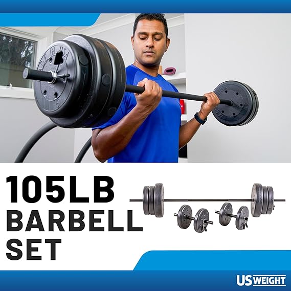 US Weight 105 Pound Barbell Weight Set for Home Gym| Adjustable Weight Set with Two Dumbbell Bars  6 Ft Bar, Black