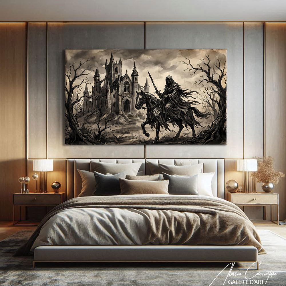 Alessio Cacciatore Quadro Cavaliere - Poster decorativo murale gotico - Stampa su tela in bianco e nero - Quadro cattedrale - Decorazione murale medievale - Deco Gaming Mural (40 x 30 cm)