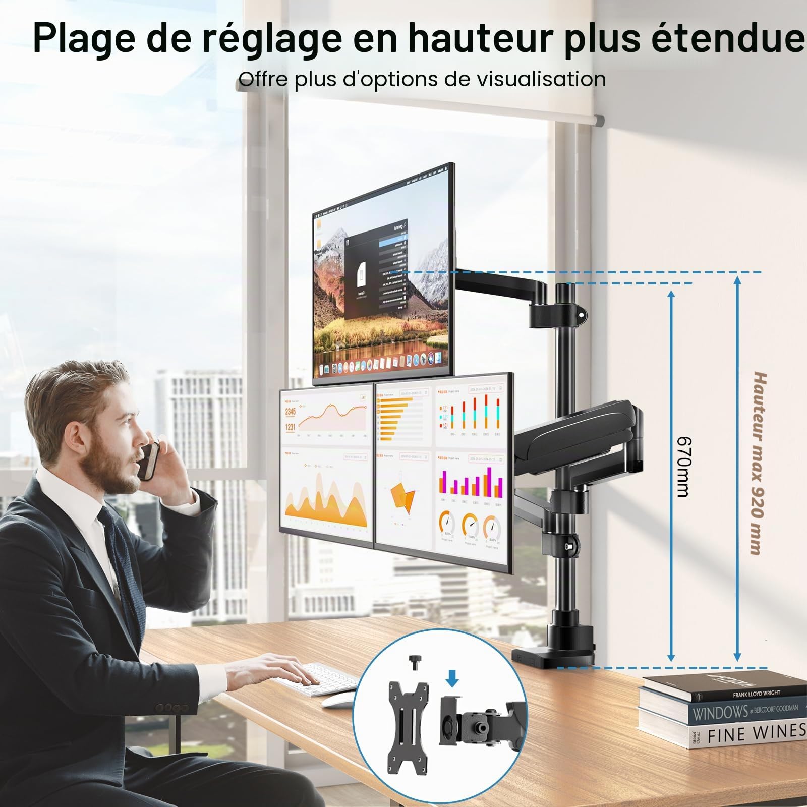 PUTORSEN Support 3 Ecran PC pour Écran de 17 à 32 Pouces, Support Triple Ecran, Capacité de Poids de 9kg par Bras, Support d'écran Pivotant et Inclinable, Support Ecran PC 3 Ecran, VESA 75/100 mm