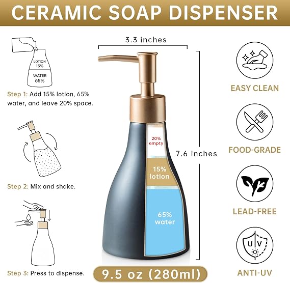 Gold Dispenser Bottle for Bathroom Countertop, Ceramic Black Dish Soap Dispenser for Kitchen Sink Soap Pump Lotion, Modern Hand Soap Dispenser with Gold Pump for Liquid Laundry Shower 280ml