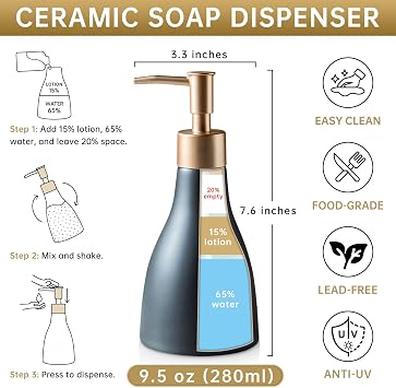 Gold Dispenser Bottle for Bathroom Countertop, Ceramic Black Dish Soap Dispenser for Kitchen Sink Soap Pump Lotion, Modern Hand Soap Dispenser with Gold Pump for Liquid Laundry Shower 280ml