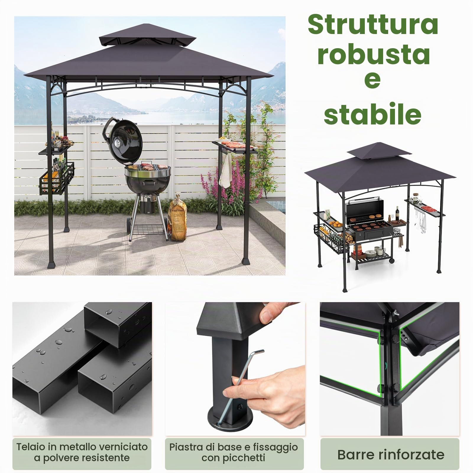 HOMASIS Gazebo per Barbecue con Tettoia Laterale, Pergolato da Giardino con Doppio Tetto, 2 Tavoli e Ganci, Pergola Addossata per Esterno, Gazebo per griglia/BBQ (Grigio Scuro, 242 x 153 x 250 cm)