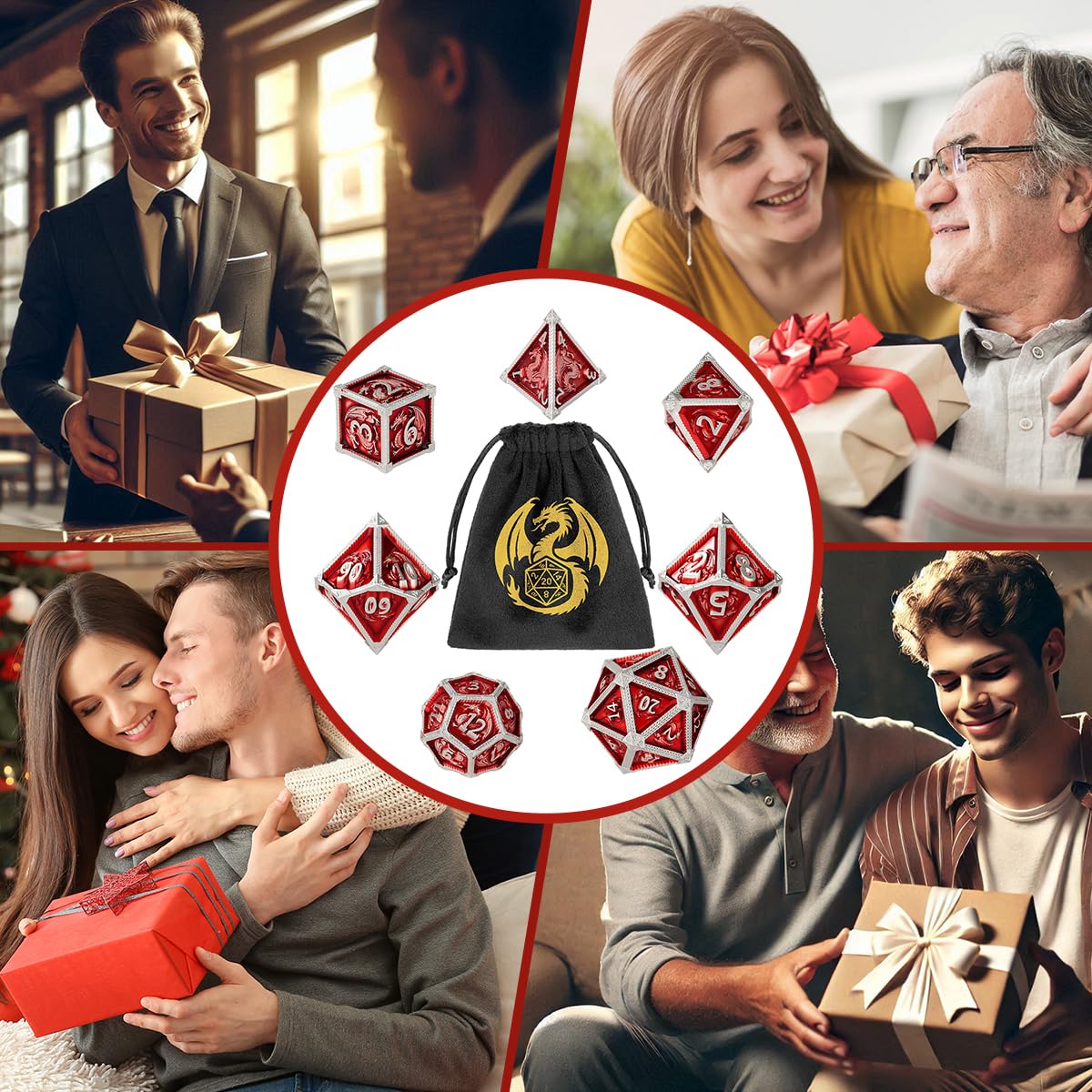 Metalen dobbelstenen set, 7 stuks polyedrische metalen DND dobbelstenen set, DND Starter Set, D & D geschenken met geschenkzak, rollenspel bordspellen accessoires, brons