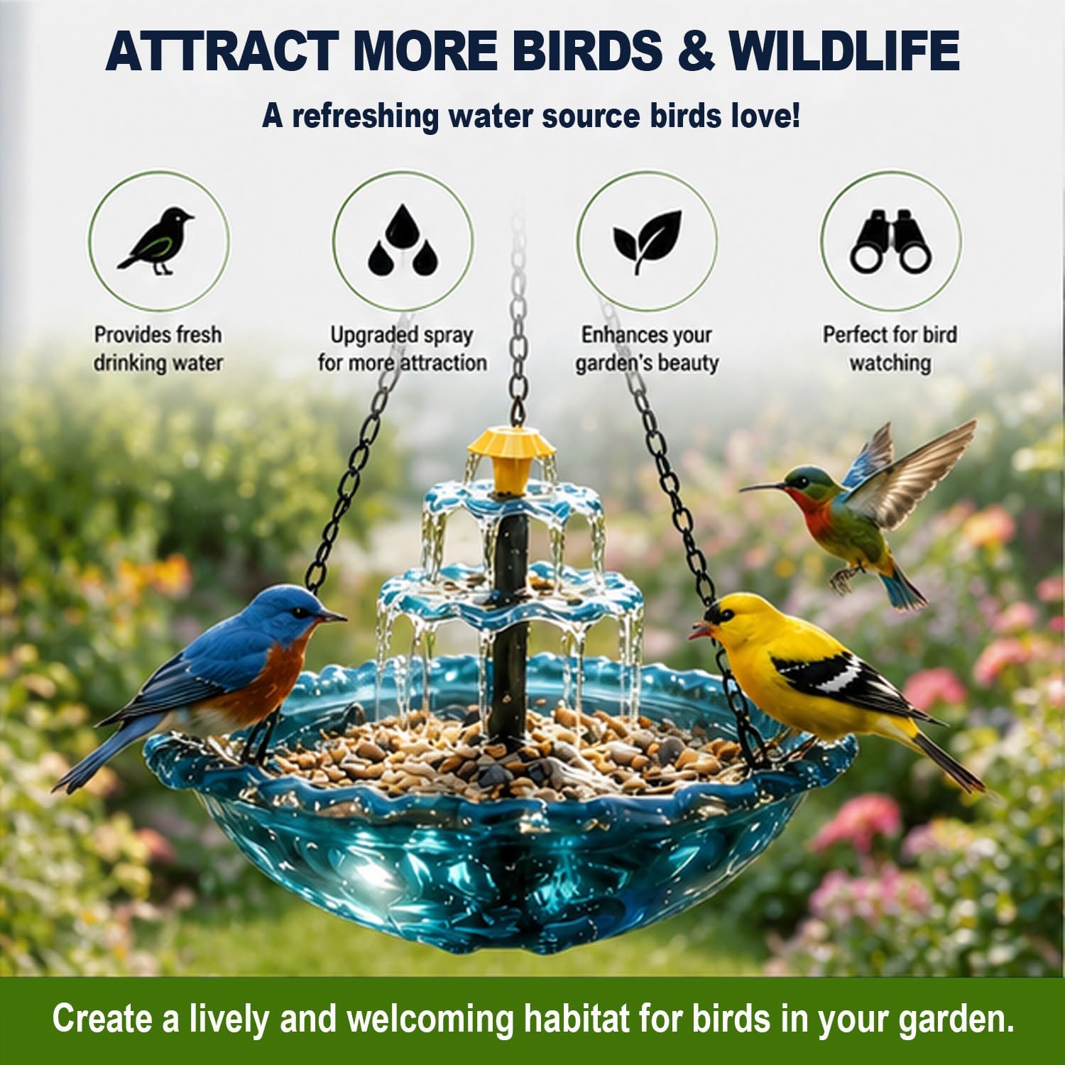 Solar Bird Bath Fountain – Hanging Outdoor Water Fountain with Upgraded Spray System | Attracts Birds for Garden, Yard, Patio & Lawn | Eco-Friendly Solar-Powered Decor