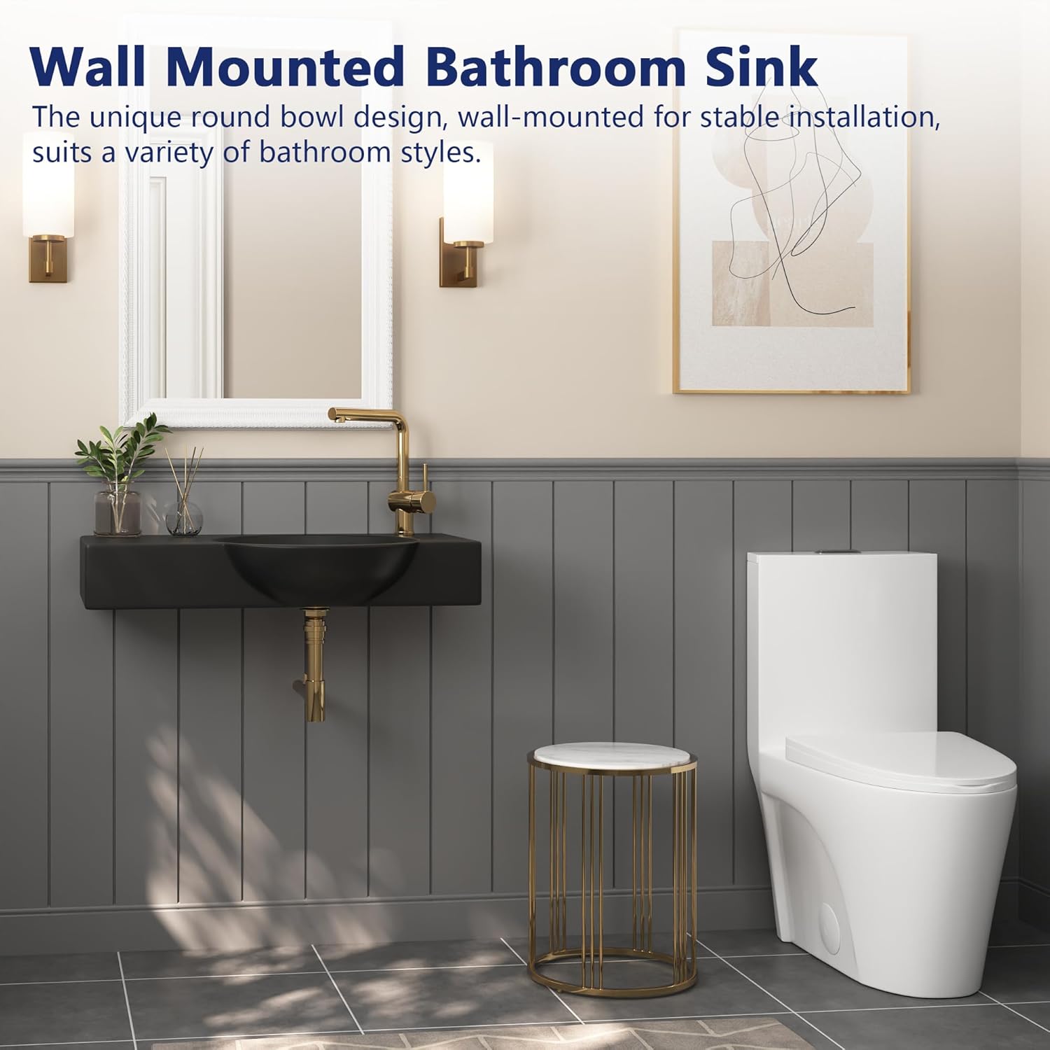 DeerValley 30x18 Inch Wall-Mounted Bathroom Sink, Black Ceramic Floating Vessel Sink with Right-Side Faucet Hole and Overflow, Model DV-1WS0125RB