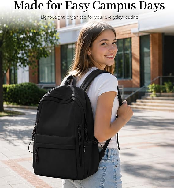 FIORETTO Backpack Womens School Bag Girls Boys, Lightweight Water-Resistant Fits 15.6” Laptop Large Capacity Rucksack with Rain Cover, Ideal for School College Commuting Travel Black