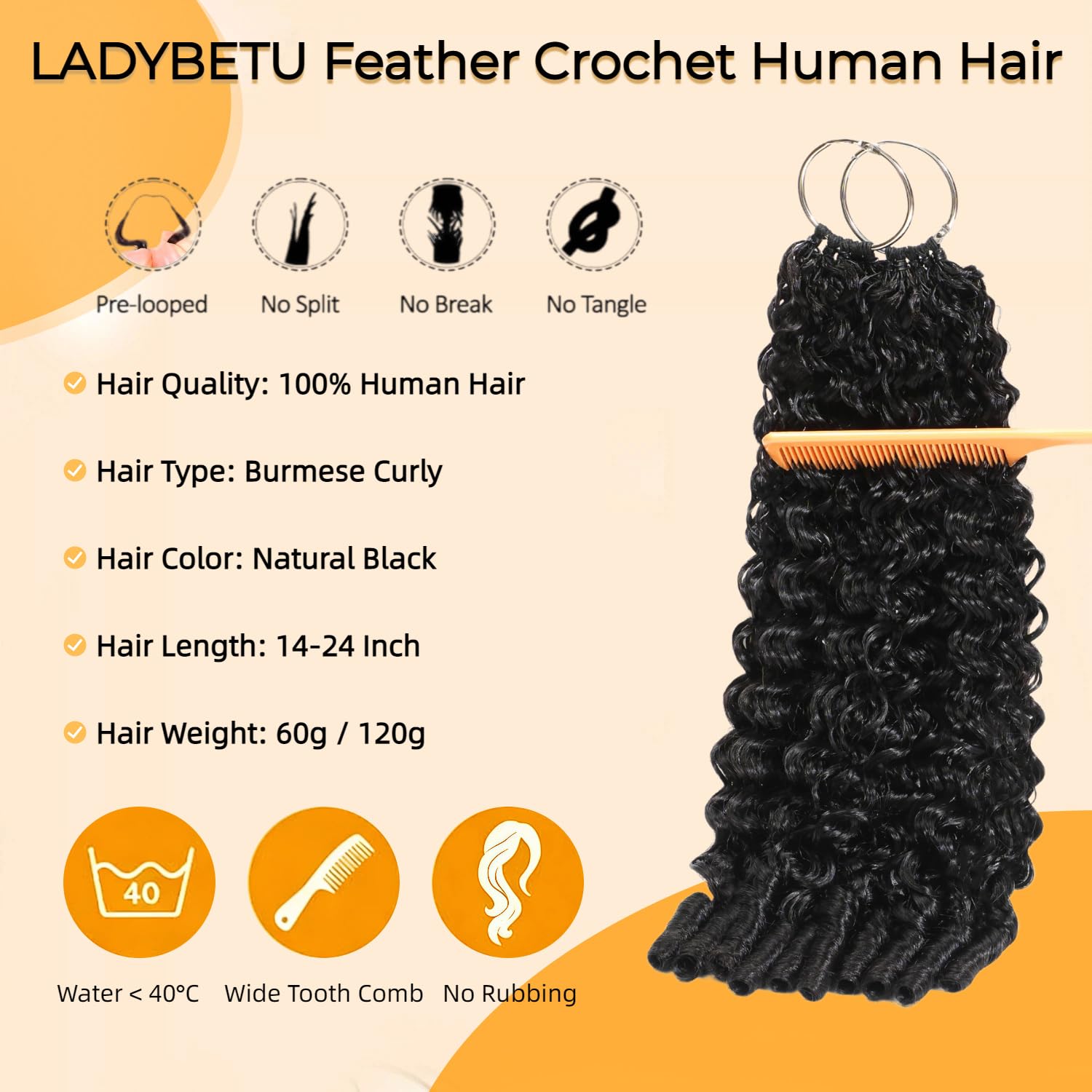 Burmese Curly Feather Crochet Human Hair for Black Women, 18 Inch 60g Pre-Separated Invisible Miracle Knots Hair Extensions, Wet and Wavy Lightweight Reusable Human Crochet Bundles