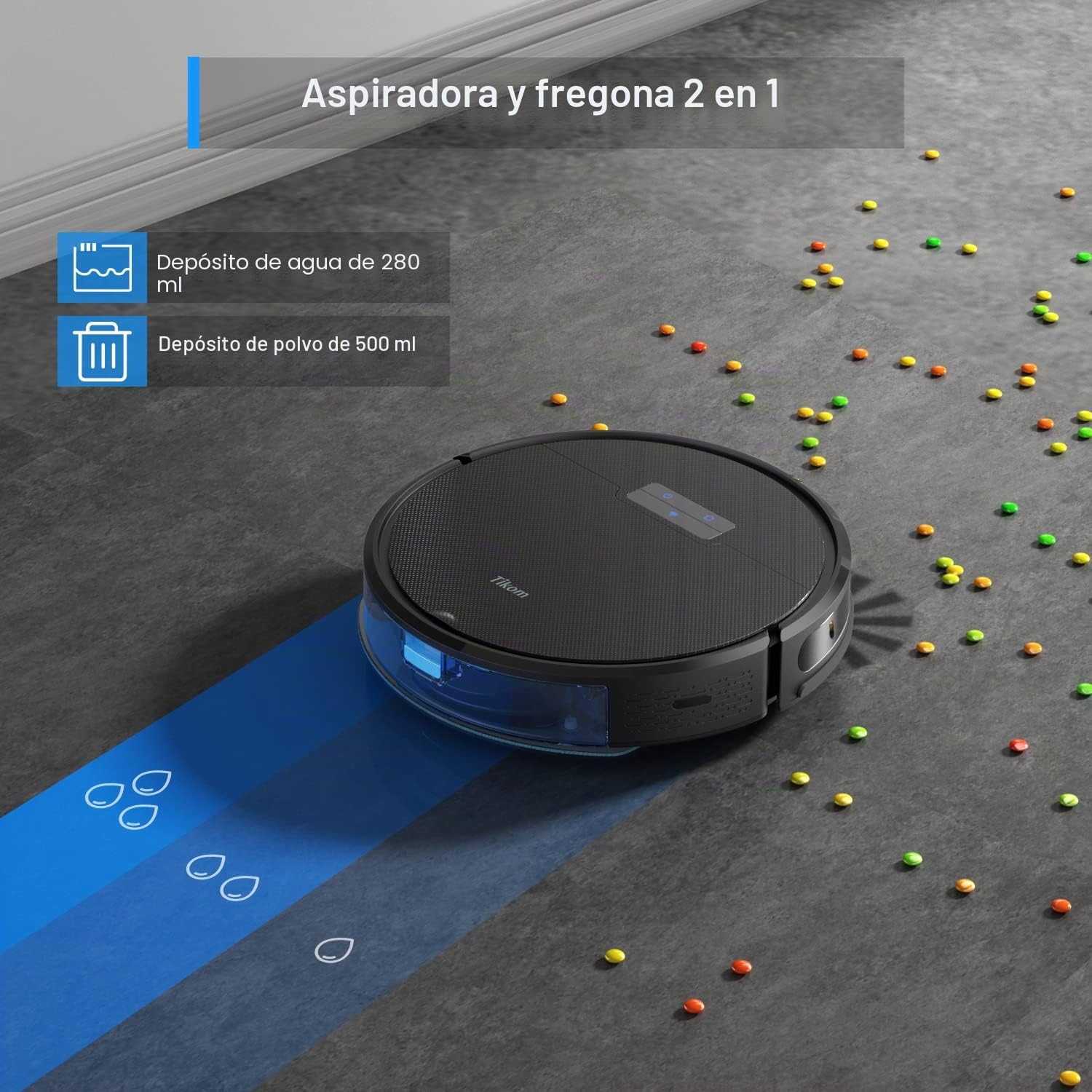 Tikom Robot Aspirador y fregasuelos, G8000 Pro Robot Aspirador, Succión Fuerte de 4500 Pa, Carga Automática, WiFi, 150 Minutos MAX, Ideal para Pelo de Mascota, Alfombras y Suelos Duros, Negro