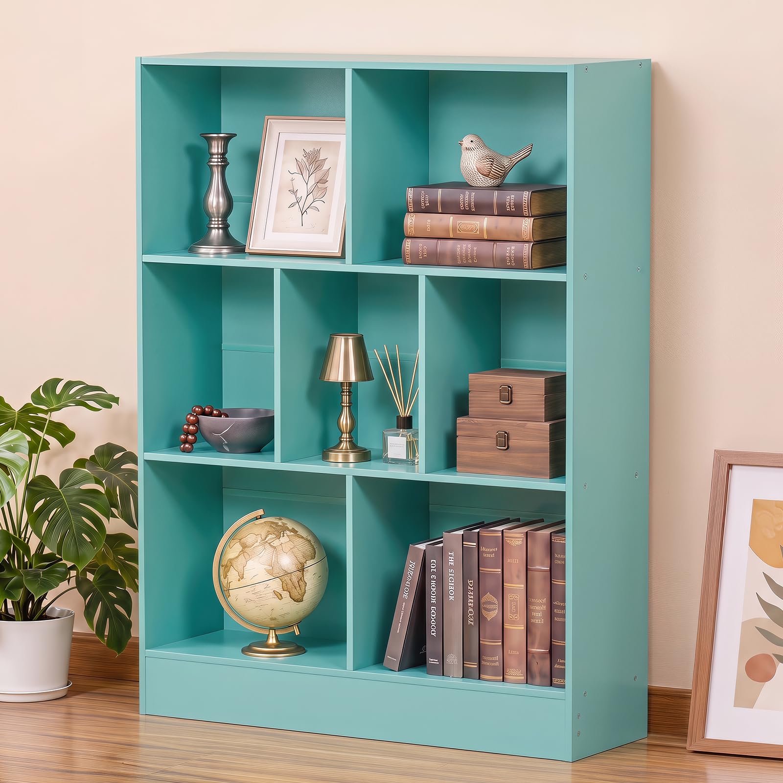 YAHARBO 3 Tier 7 Cube Mini Thin Bookshelf, Short Shallow Bookcase, Green