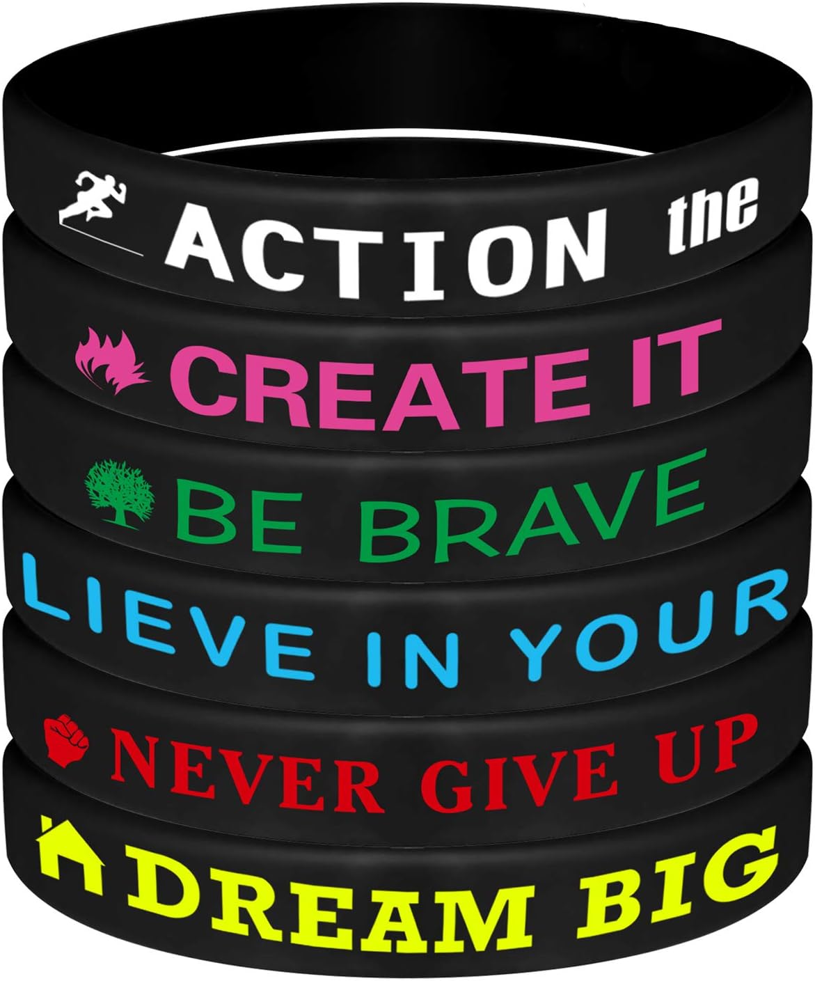 ASTARON 24Pcs Motivational Bracelets Inspirational Silicone Wristbands with Motivational Sayings for Men Women,Black