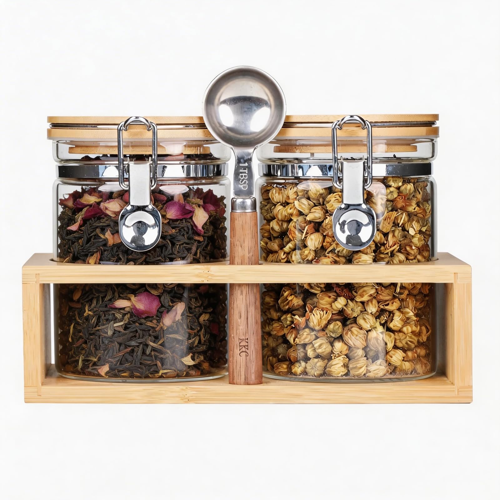 KKC Glass Tea Canister with Bamboo Lids & Spoon | 27oz Airtight Loose Tea Storage Jars for Tea Bag & Loose Leaf Tea | Clear Food Storage Containers