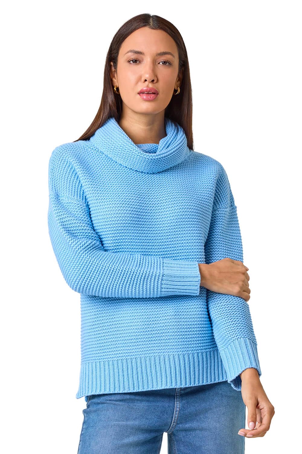 Roman Women's Sky Blue Textured Cowl Neck Jumper Size 10
