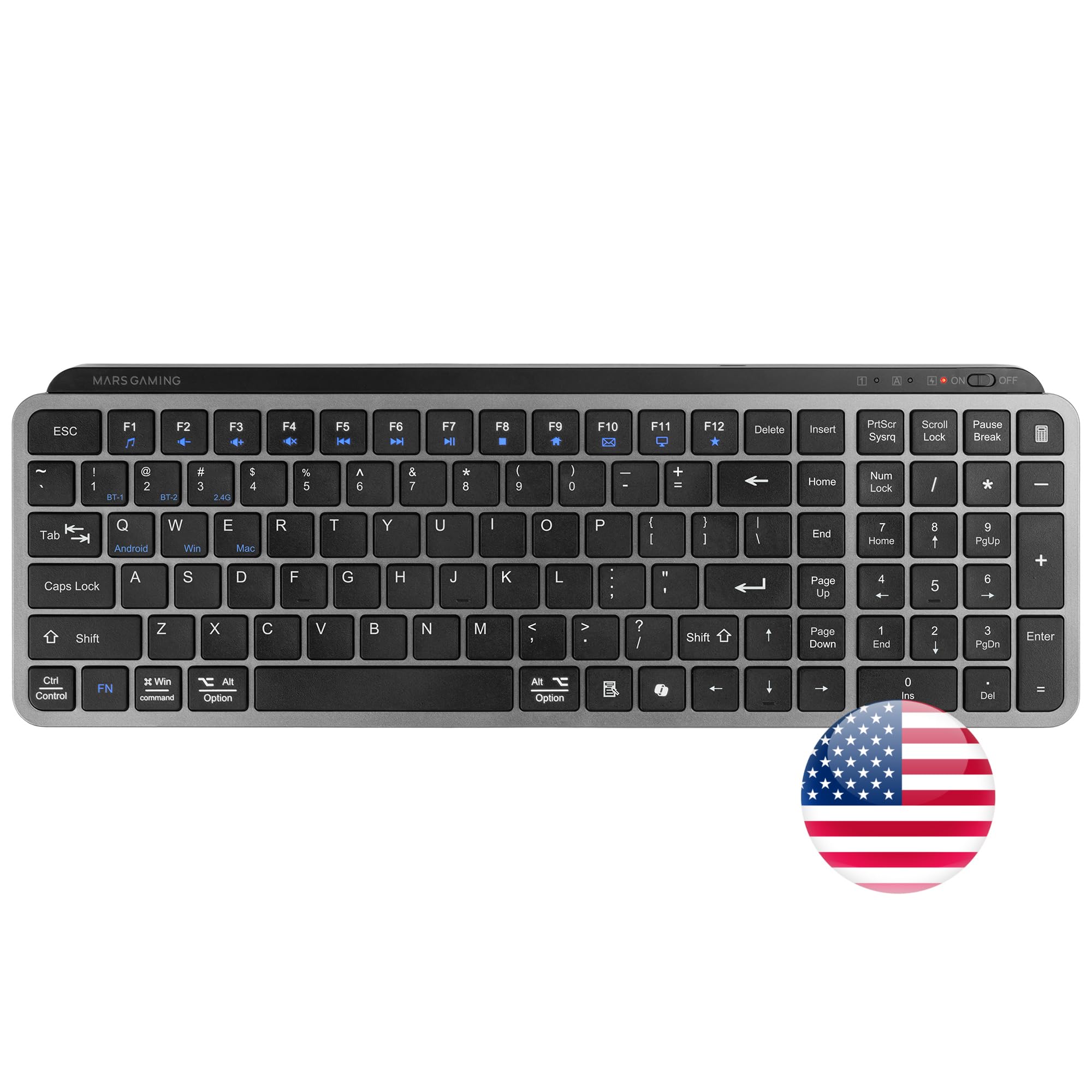 Mars Gaming MK-SILENKEYS, Bezprzewodowa Kompaktowa Klawiatura Pełnowymiarowa, Niski Profil, Ciche Przełączniki Nożycowe, Copilot AI, Bluetooth 5.1 Dual + 2.4GPRO, 200h, PC/Mac, Angielski US, Czarny