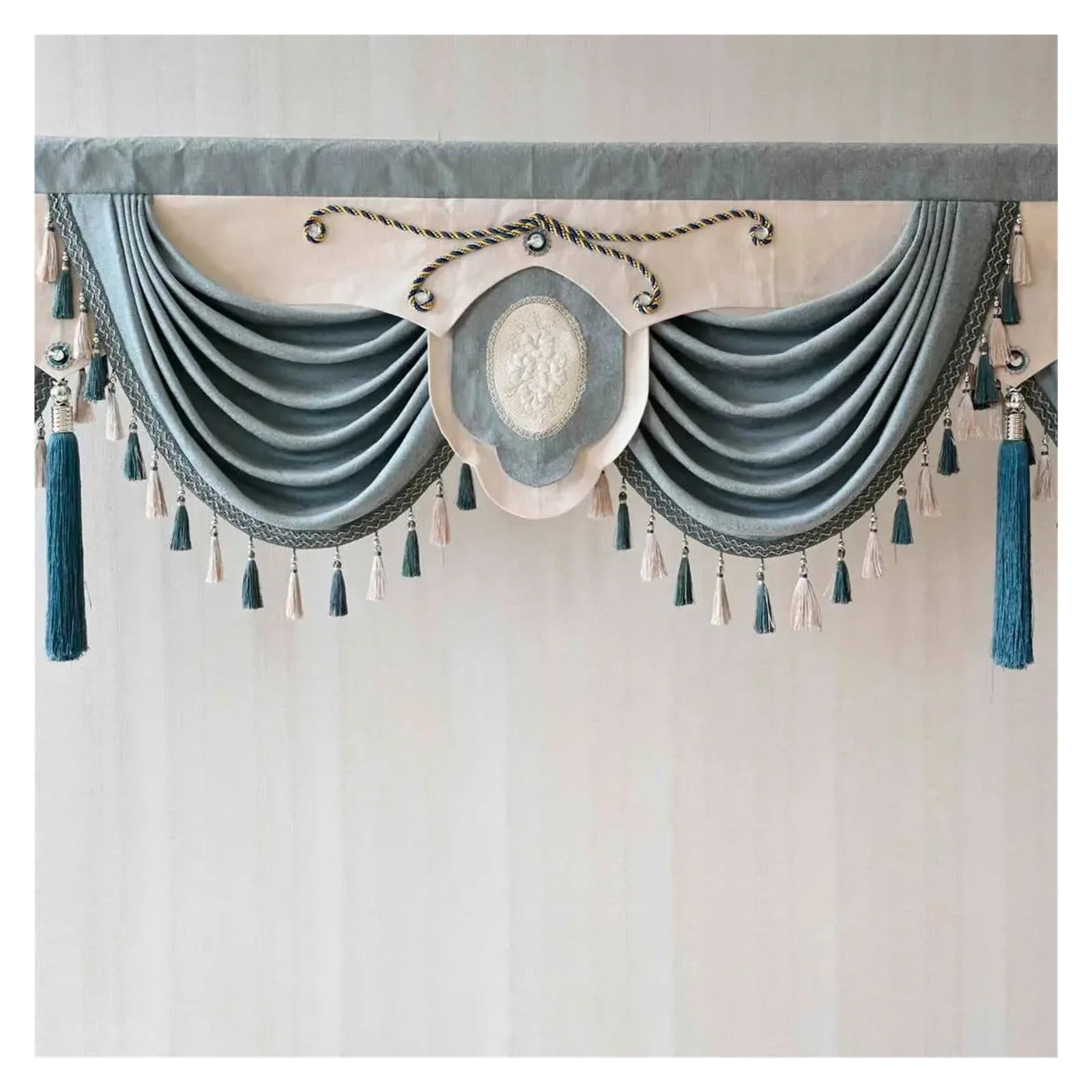 ZHOUXYFDC Swag Valance For Windows Blue Swag Waterfall Valance With Tassel Beads Fringe Trim For Living Room Curtain Head Home Drapes(Width 150cm(2 swag))