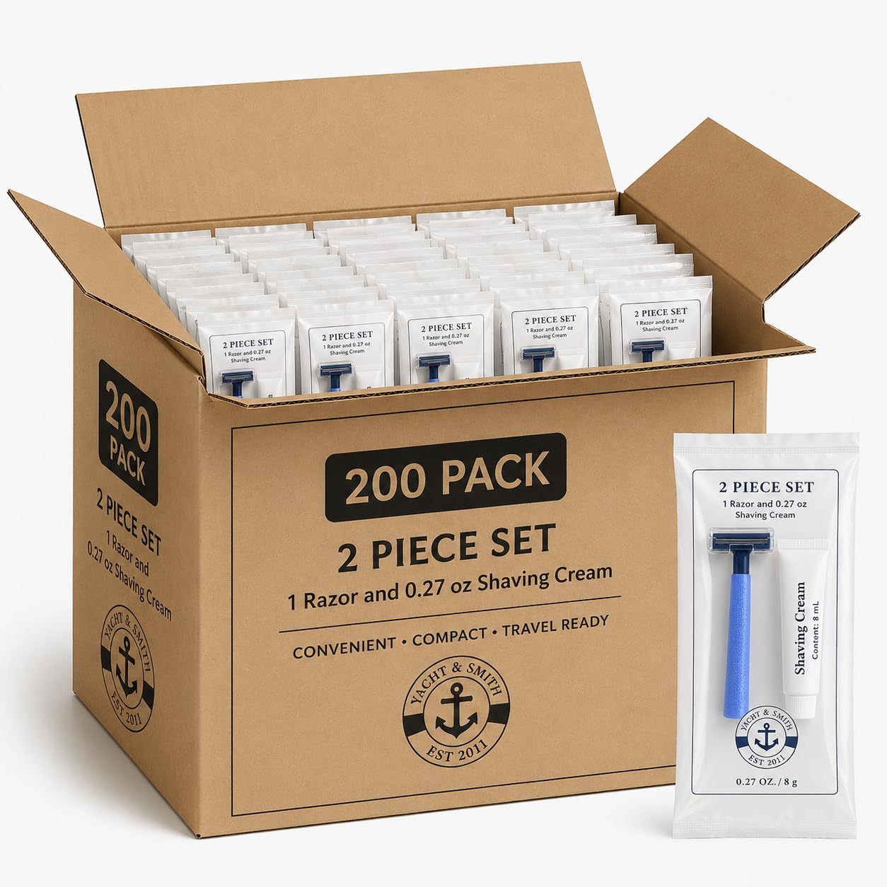 YACHT & SMITH 200 Pack Shaving Cream & Razor Kits, Disposable Razor with Shaving Cream Packet, Bulk Hygiene Kits