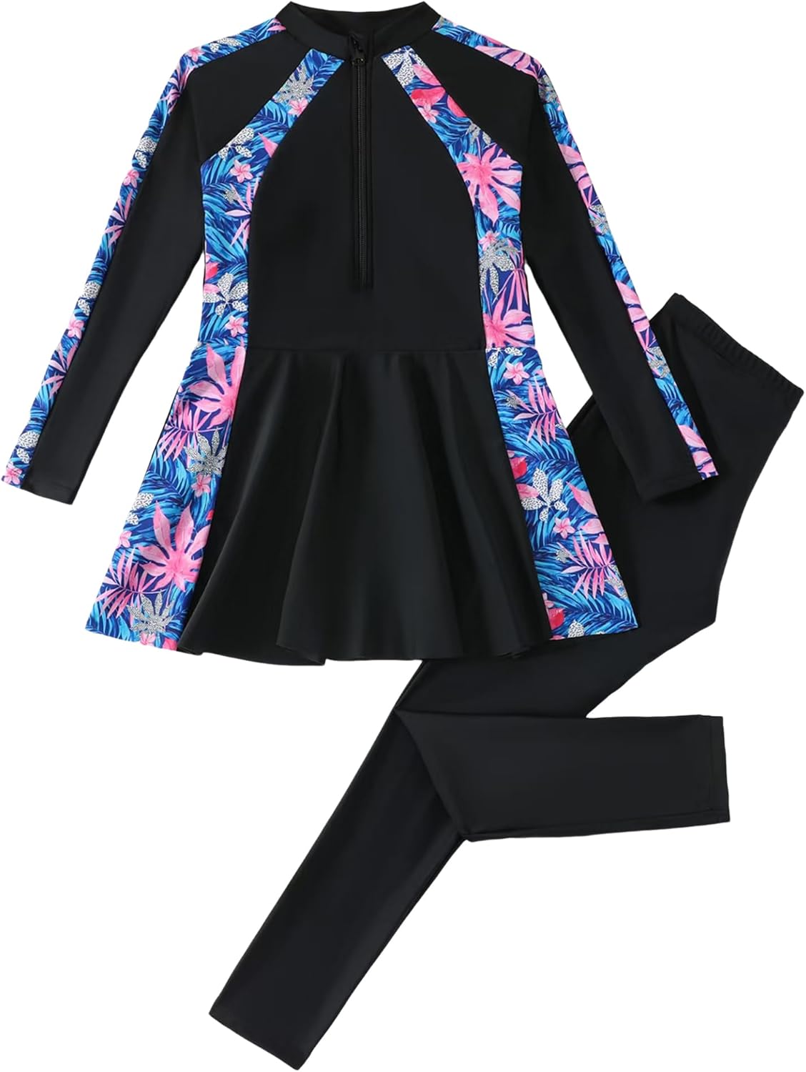 IMEKIS Girls Rash Guard Swimsuit Tropical Long Sleeve Swim Top with Pants 2 Piece UV Protective Bathing Suit Swimwear 8-12T