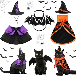 5 Pcs Halloween Cat Costume Bat Wings Witch Cloak Wizard Hat Halloween Pet Costume Set Pet Vampire Costume Cloak Witch Hat Bat Costume Cat Dress up Accessories for Small Kitten Dog Cosplay Party Decor