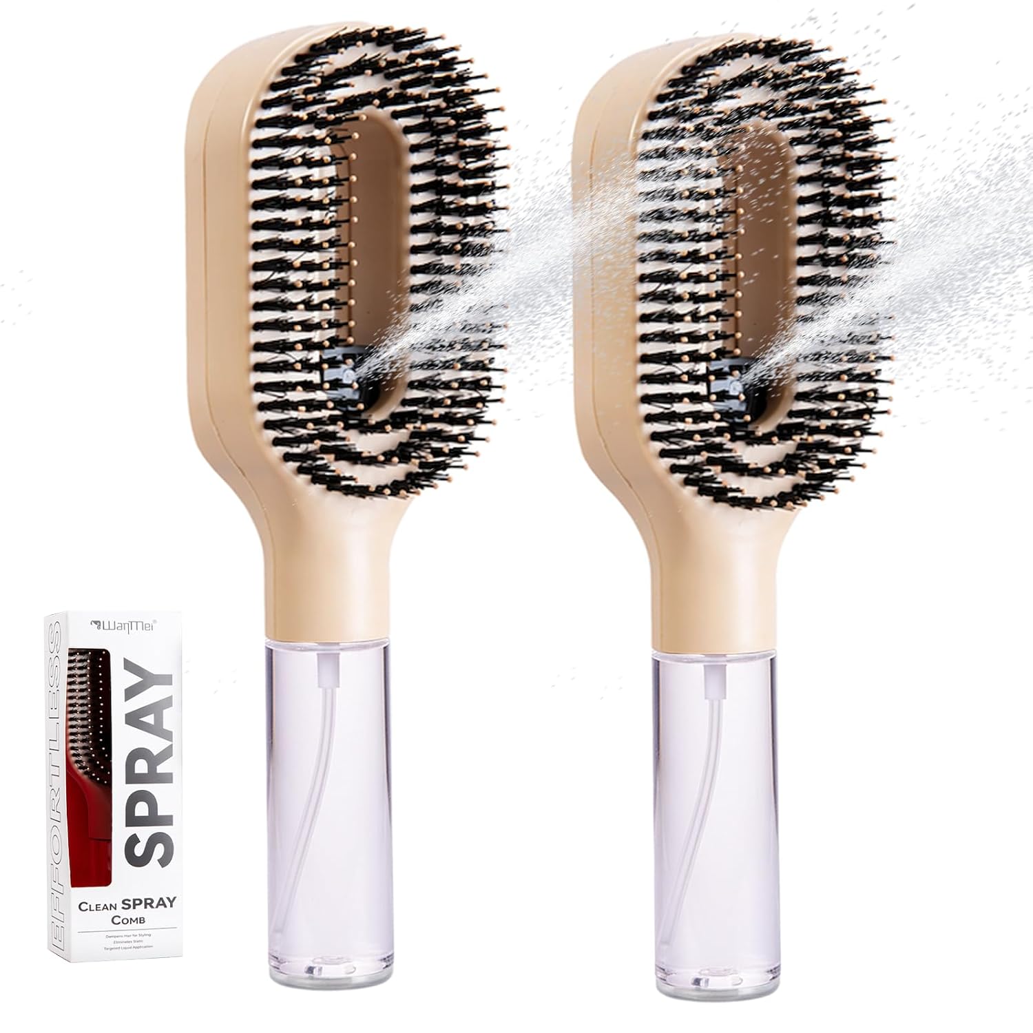 Hair Brush with Water Spray - 2-in-1 Detangling Brush with Built-in Mister Spray, 50ml Portable Spray Hair Brush for Wet & Dry Frizz-Free Styling, Women Girls & Kids(2 Kaki)