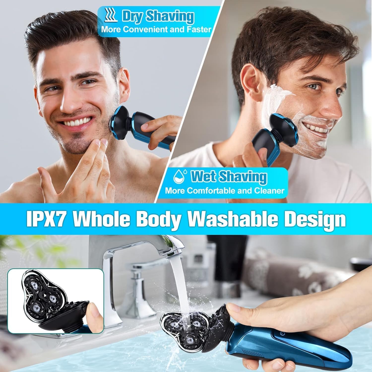 Mens Electric Shaver, 4D Floating Head High-Speed Motor IPX7 Waterproof, Fast Charging Cordless Electric Razor with Pop-Up Trimmer & Replaceable Blades