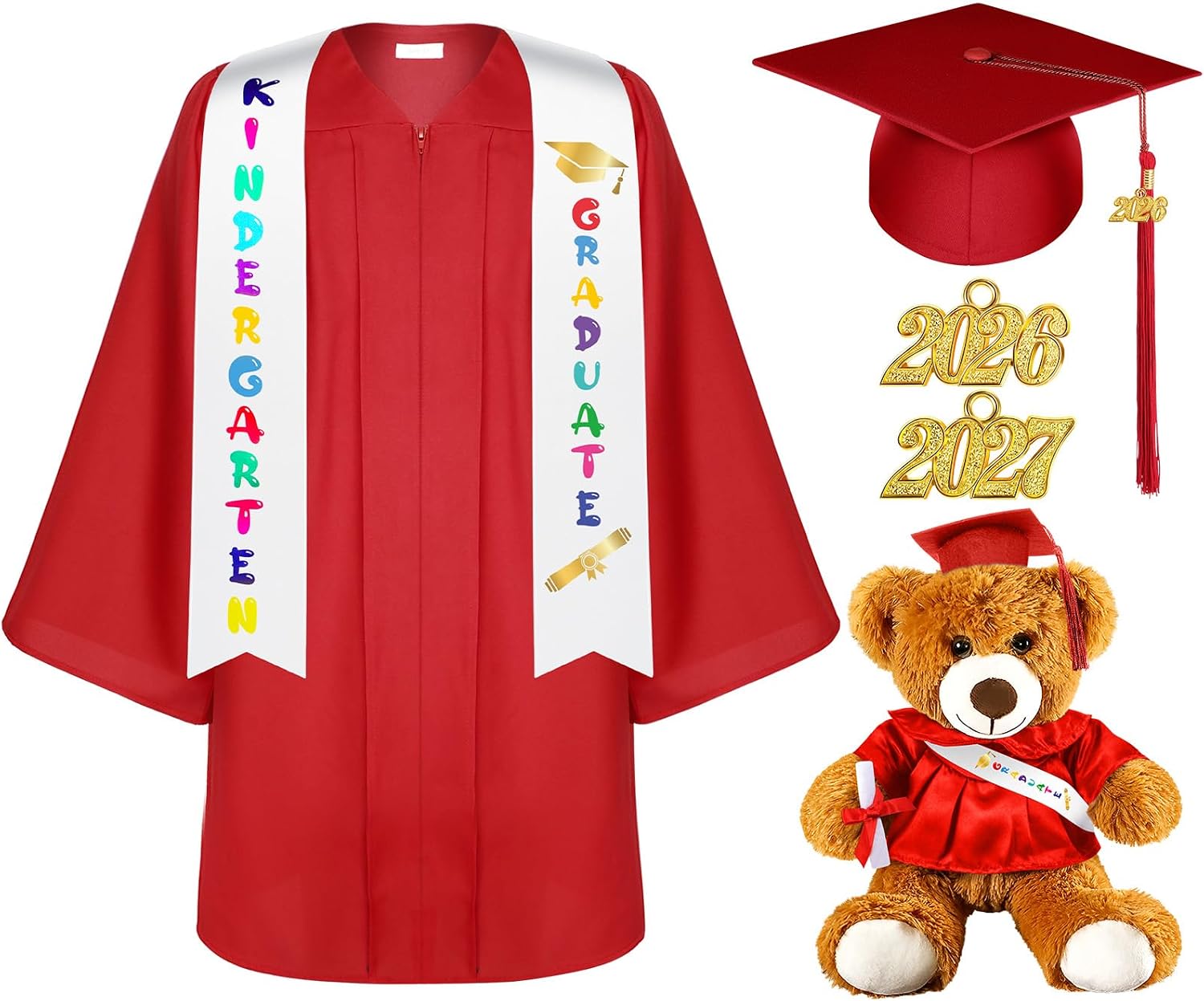 Silkfly 7 Pcs Graduation Gown Cap 2026 Graduate Outfits Accessories Stole Tassel Sash Charm Bear Gift