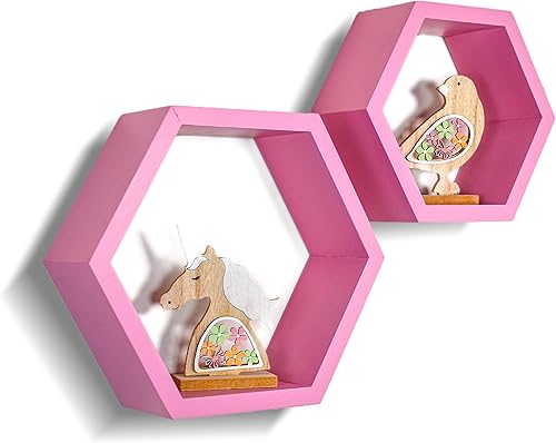 Estantes hexagonales de panal de abeja, juego de 2 estantes de madera de pino y cuarzo rosa, almacenamiento montado en la pared para sala de estar,