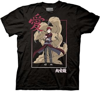 Ripple Junction Naruto Shippuden Mens Short Sleeve T-Shirt Gaara Sand Kanji Framed Crew Neck Officially Licensed
