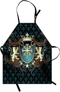 ABAKUHAUS Średniowieczny fartuch do gotowania, heraldyczny design ze średniowiecznego herbu, korona Lions i wirbelt, trwałe kolory z regulacją wysokości, nadaje się do prania nadruk cyfrowy, cynamon, czarny