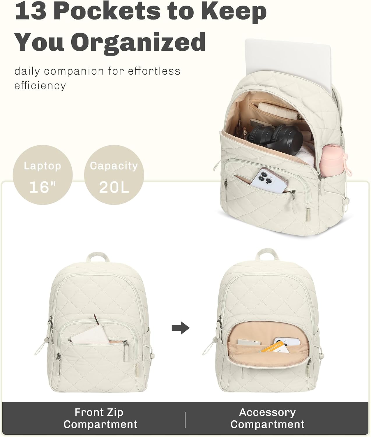 Hynes Eagle Travel Laptop Backpack Quilted College Backpack for Women Puffer Casual Daypack Personal Item Bag for 16 Inch Ivory Beige