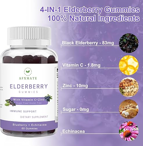 Miniatura 5 de Sambucus - Gomitas de saúco, gomitas de saúco negro con zinc y vitamina C para adultos, sin azúcar, gomitas multivitamínicas para niños de apoyo