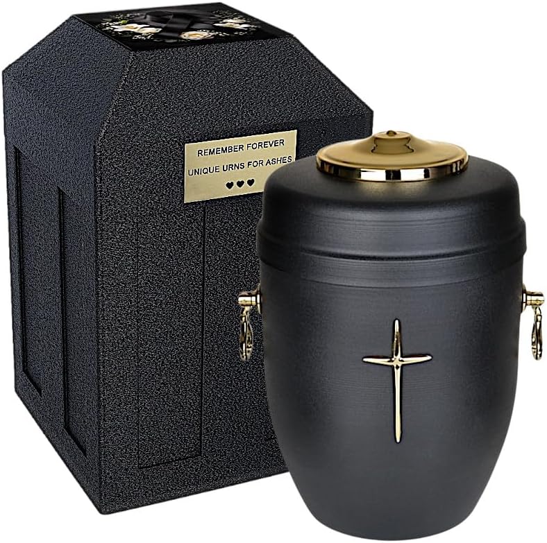 Funeral Urn and Burial Vault Set for Ashes, Black Metal Cremation Urn with Outdoor Protective Capsule, Heavy Duty Memorial Burial Container (Cross/Vault)
