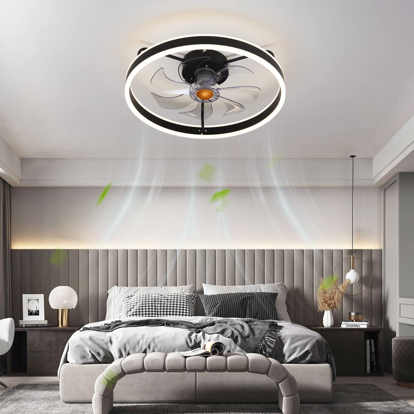 Asyko 20" Enclosed Ceiling Fan with Lights, Modern Flush Mount Indoor Ceiling Fans with Remote Control, Low Profile Bladeless Ceiling lighting Fixture, Black