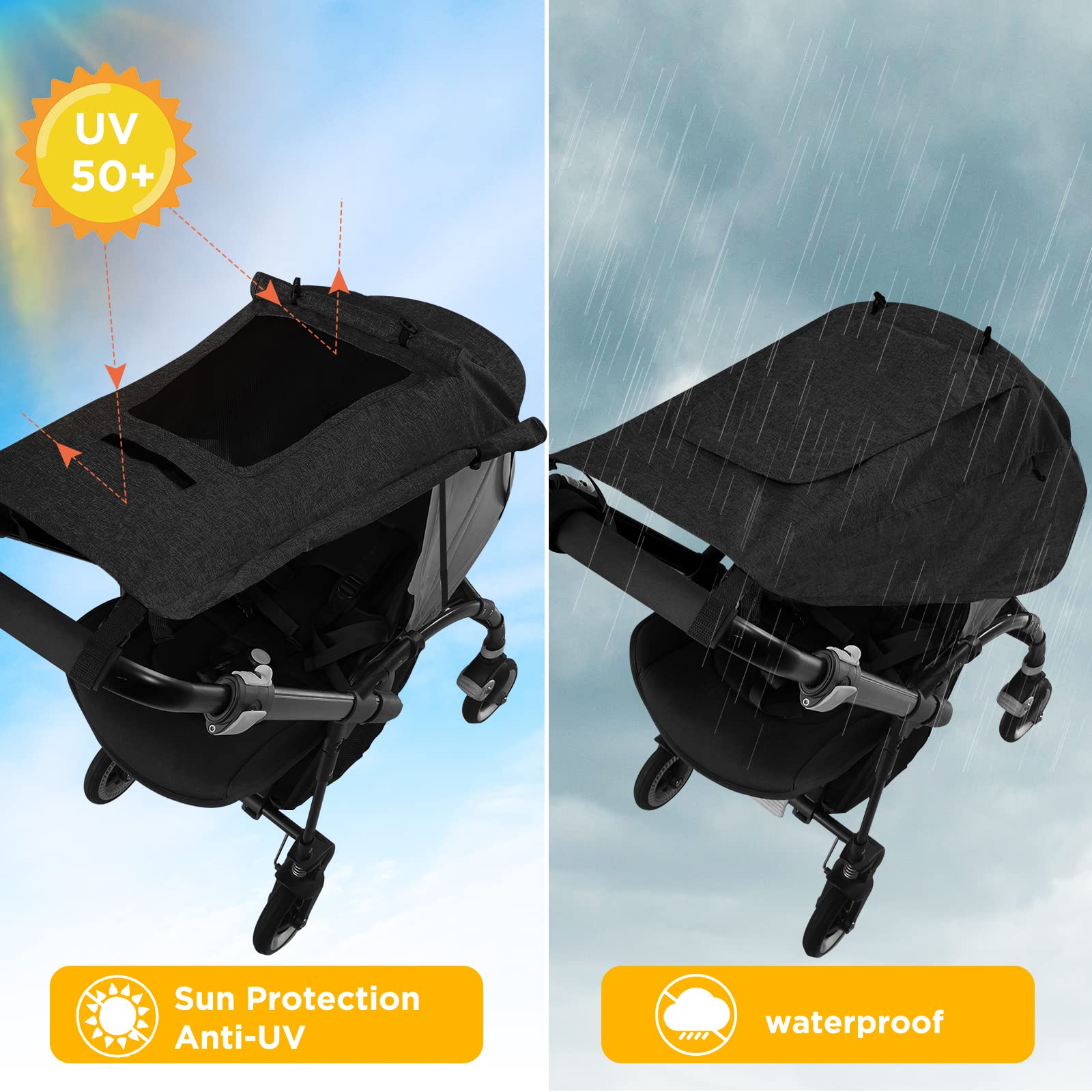 WD&CD Pram Sunshade Sun Cover with Viewing Window for Strollers Pushchairs UV Protection Water Resistant Easy to Install (Black) — view 3