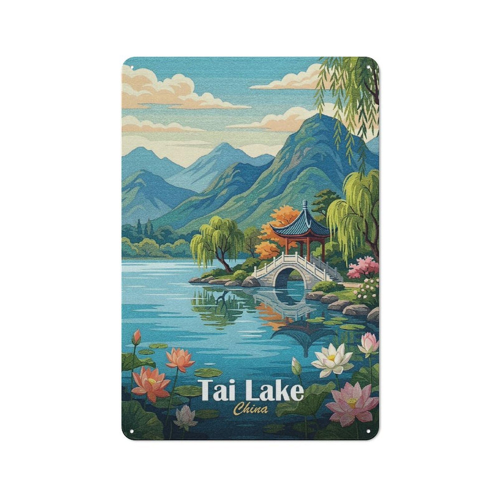 Junmoney Style-7 Tai Lake, China Landscape Art Everyday Metal Wall Decor 30X20cm, Decorative Tin Plaque For Flat, Dorm Room, Lounge Or Cafe