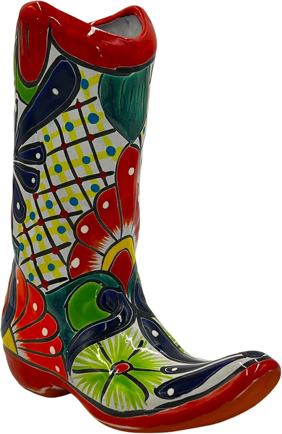Cactus Canyon Ceramics Cowboy Boot Mexican Talavera Planter Pot (9.5" D x 4" W x 11" H) Hand Painted - Dark Blue Trim - Mexican Home Decor
