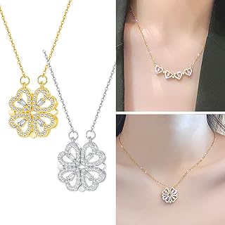 Four-leaf Heart Shape Necklace, Hollow Four Leaf Clover Heart Magnetic Necklace, Heart Foldable Necklace Shape Can Be Switched, Clavicle Chain Pendant Gift for Women Girls (Gold+Silver)