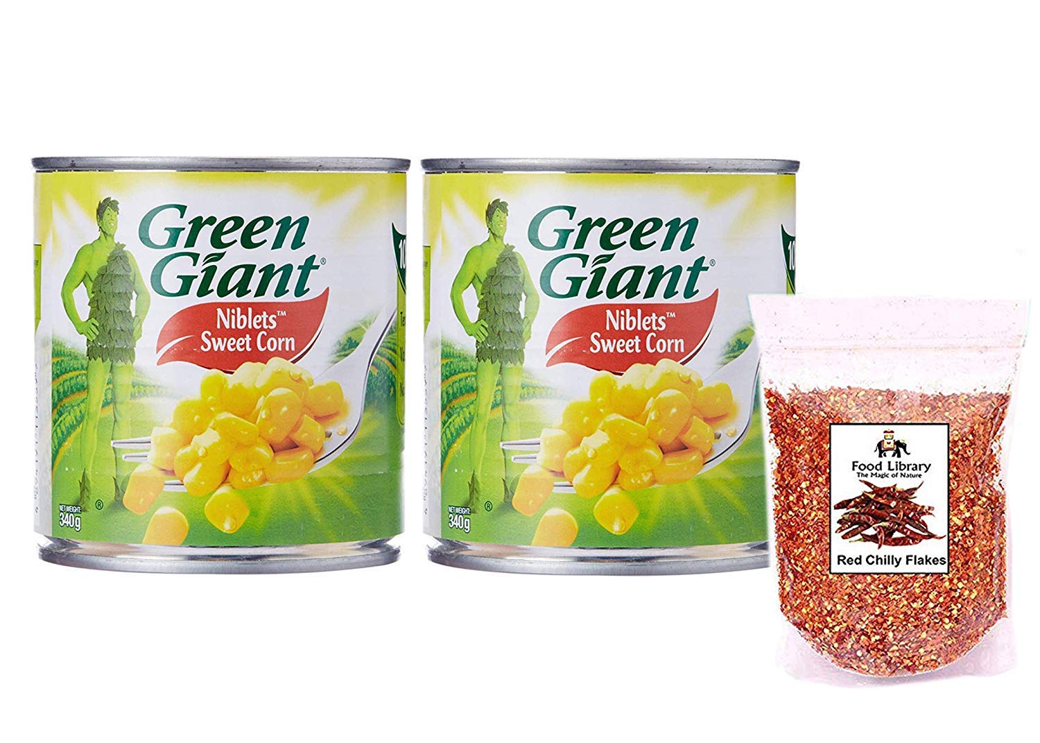 Food Library The Magic of Nature Combo of Green Giant Corn Niblets, 340g (Pack of 2) + Food Library Chilli Flakes,100g