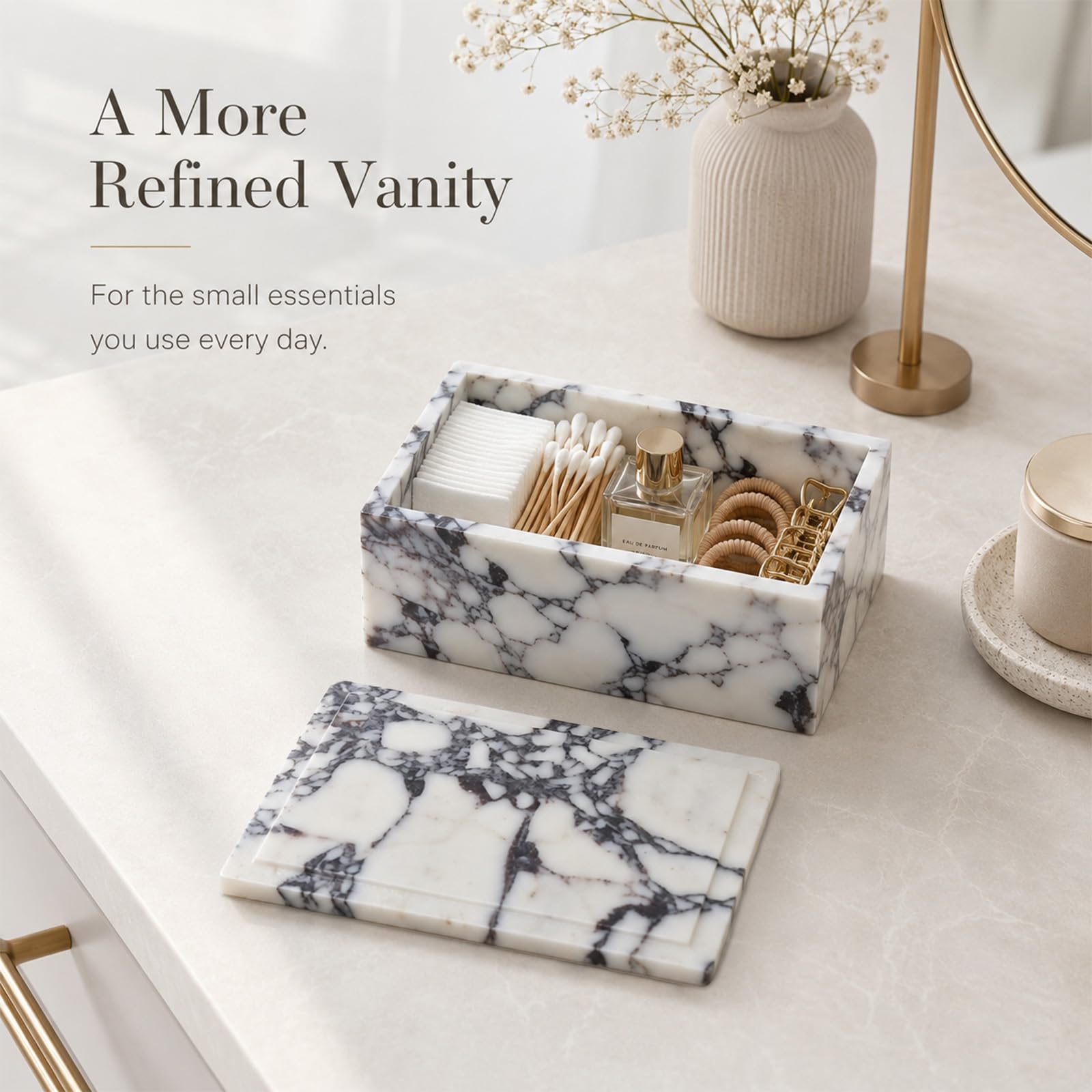 Caja de almacenamiento de mármol de lujo con tapa, patrón de venas blancas y moradas, organizador decorativo para brochas de maquillaje, joyas, accesorios de baño (rectangular)