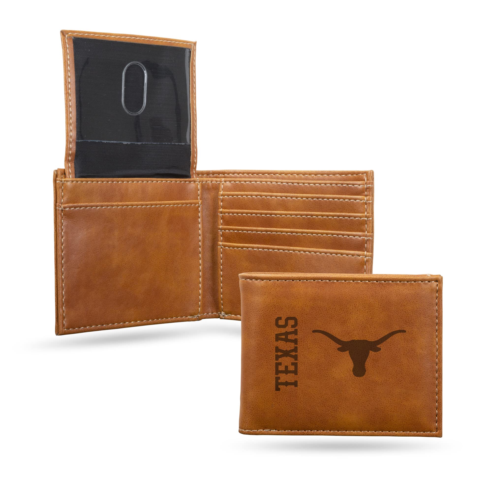 Rico Industries NCAA Texas Longhorns Men's Billfold Brown Wallet- Premium 10 Pocket Laser-Engraved Team Logo on Vegan Leather- Minimalist Design, Flip ID Window, Credit Card Holder- Ideal Men's Gift