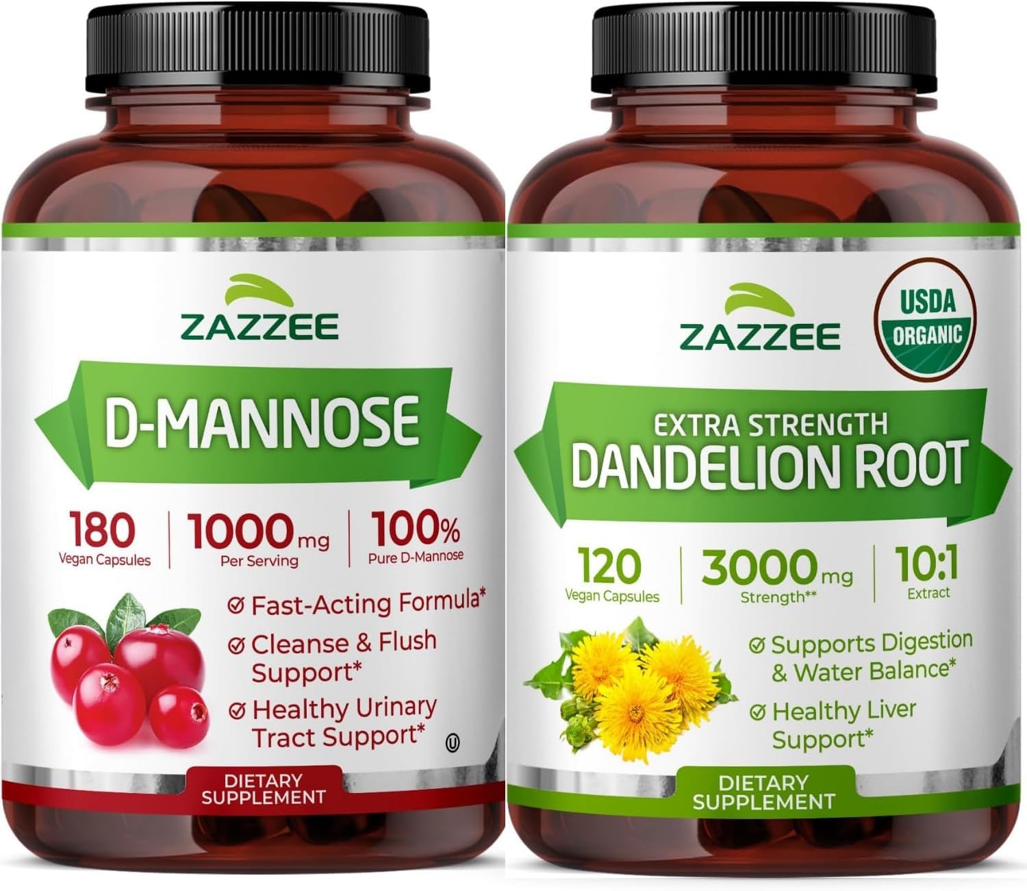 Zazzee Urinary Tract Cleanse & Detox Bundle | USDA Organic Dandelion Root Extract Capsules Plus D-Mannose 1000mg Capsules for UT & Bladder Cleansing