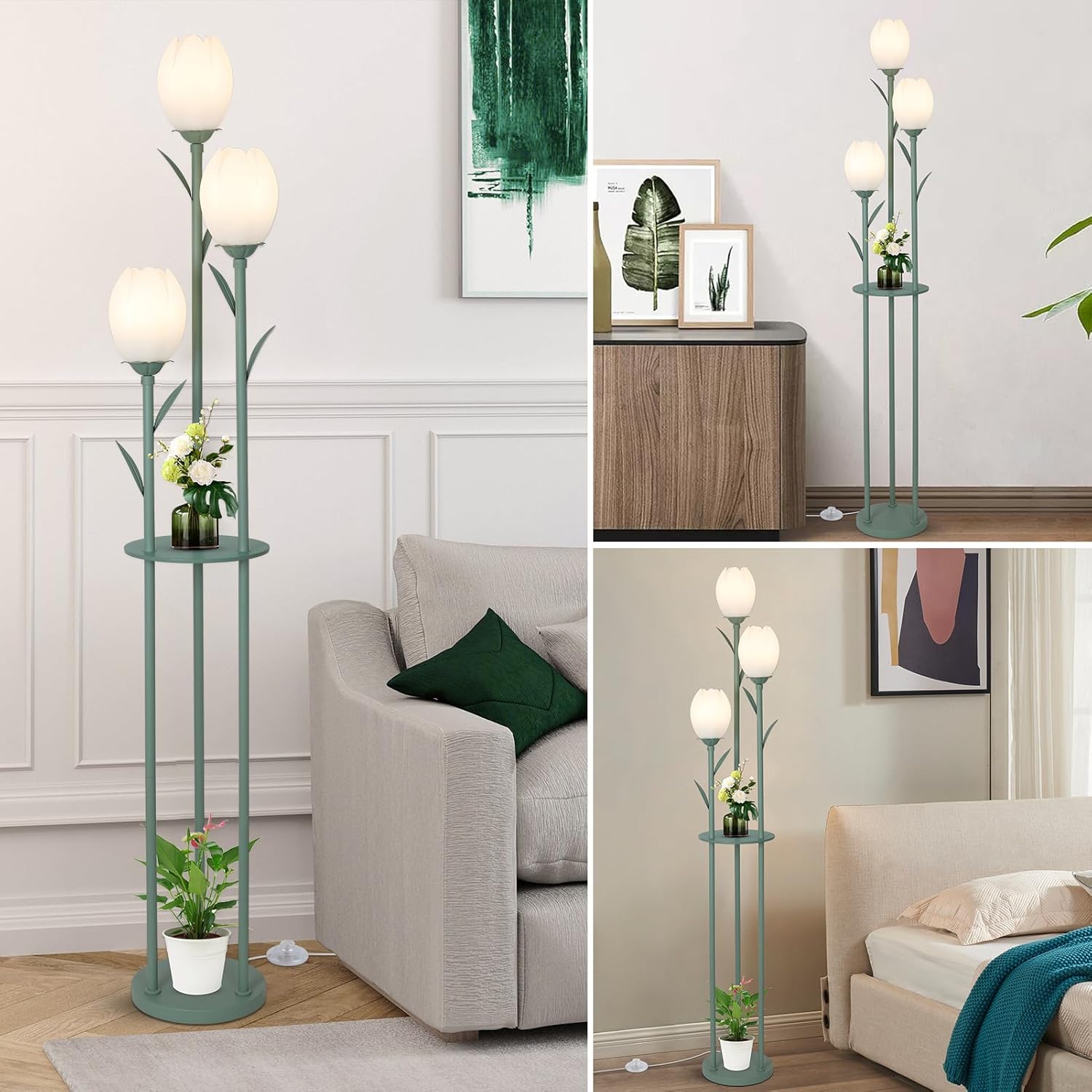 3-Light Flower Floor Lamps for Living Room, Green Floor Lamp with Shelves, Unique Tulip Standing Lamp with 3 LED Blubs, Cute Floral Tall Lamp, Modern Stand Up Light Decor for Bedroom, Kids Room