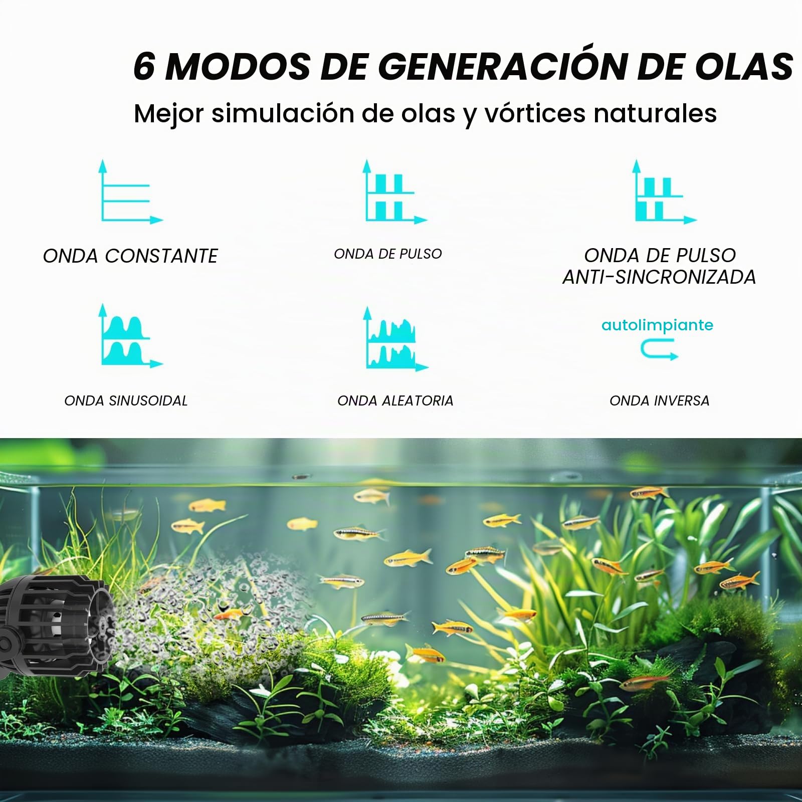 AQQA Máquina de onda para acuario, cabezal de alimentación CC 10 W 4000 L/h, 6 modos y velocidad de flujo ajustable, fabricante ultra silencioso para tanque de agua salada
