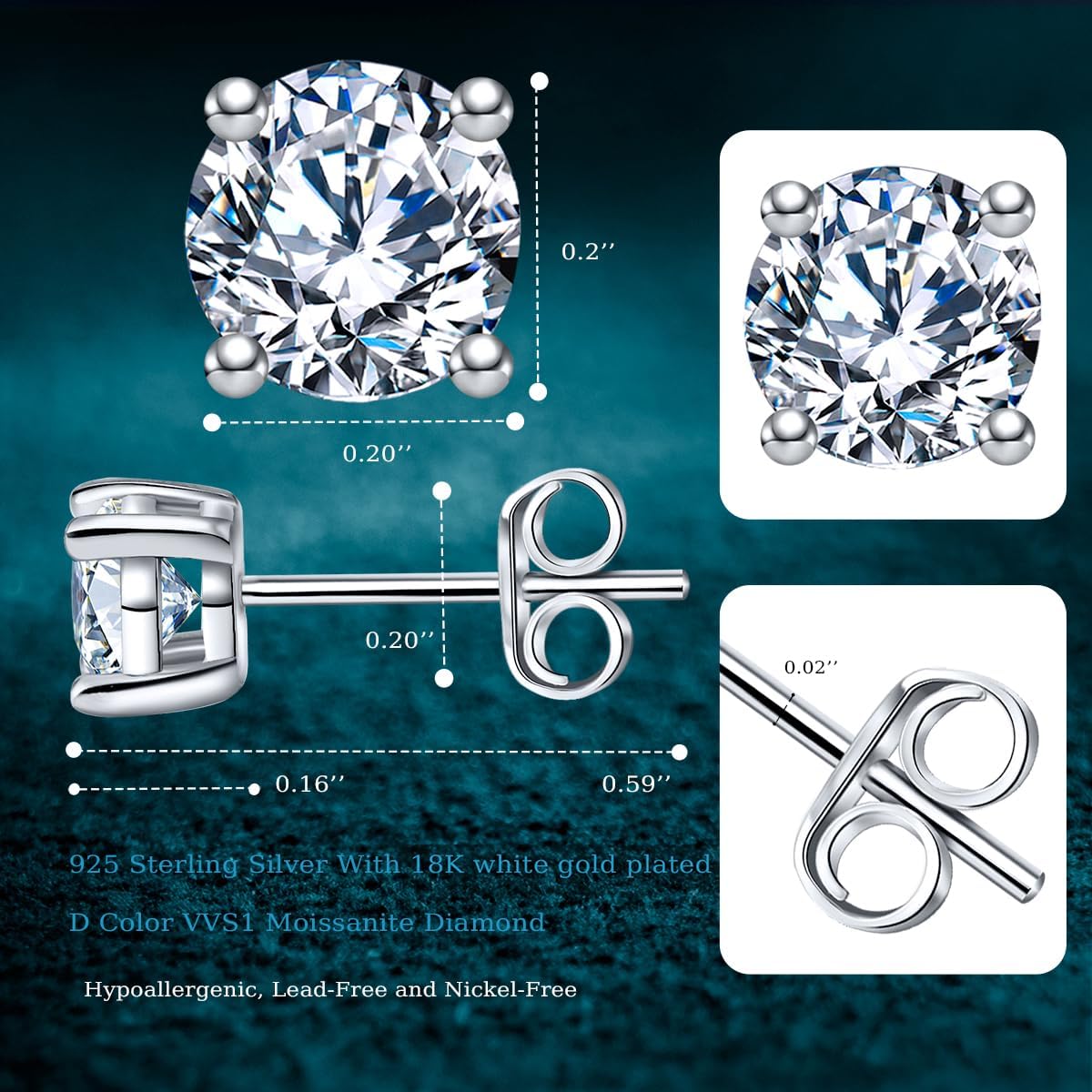 Moissanite Stud Earrings For Women,VVSI D Color 0.6CT-4.0CT Lab Created Moissanite Diamond Earrings,18K White Gold Plated 925 Sterling Silver Stud Earrings For Men